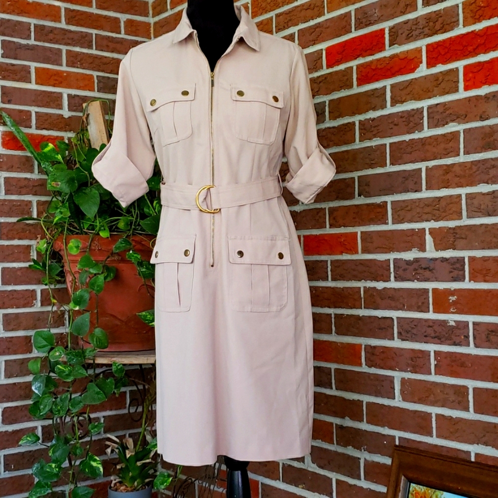Khaki short Front Zip Safari dress with Pockets
